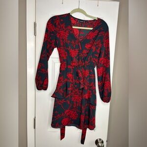Elegant Black and Red Floral Long Sleeve Dress